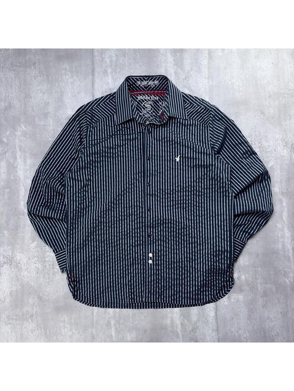 Y2K Black Strike One Grunge Gothic Striped Long Sleeve Button Up Shirt
